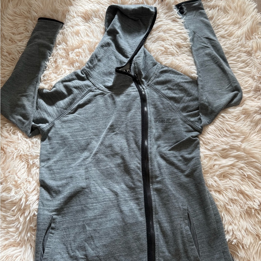 PINK Victoria's Secret Gray Utility Jacket with Hood and Full-Length Zipper